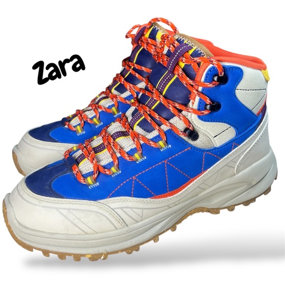 Zara Other - Zara Men's Hiking Boots High Top Lace Up Size 44 Blue Orange Yellow Chunky Sole